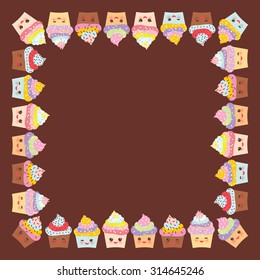 Card design for your text, banner template with square frame, Cupcake, muzzle with pink cheeks and winking eyes, pastel colors on chocolate brown background. Vector