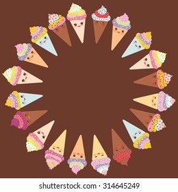 Card design for your text, banner template with round frame, Kawaii funny Ice cream waffle cone, muzzle with pink cheeks and winking eyes, pastel colors on chocolate brown background. Vector