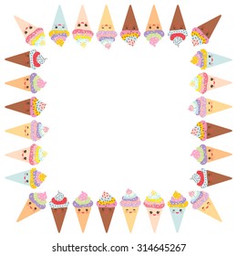 Card design for your text, banner template with square frame, Kawaii funny Ice cream waffle cone, muzzle with pink cheeks and winking eyes, pastel colors on white background. Vector