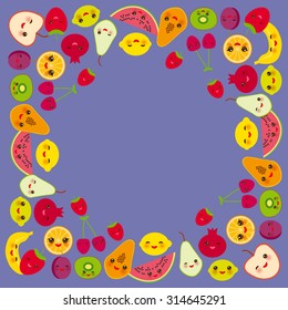 Card design for your text, banner template, square frame strawberry, orange, banana cherry, lime, lemon, kiwi, plums, apples, watermelon, pomegranate, papaya, pear on  purple background. Vector