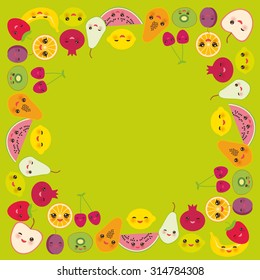 Card design for your text, banner template, square frame strawberry, orange, banana cherry, lime, lemon, kiwi, plums, apples, watermelon, pomegranate, papaya, pear on green background. Vector