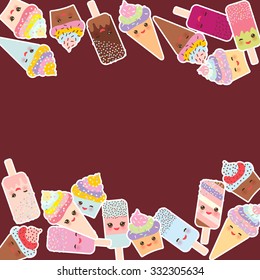 Card design for your text. cupcakes with cream, ice cream in waffle cones, ice lolly  Kawaii with pink cheeks and winking eyes, pastel colors on dark brown background. Vector