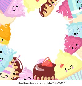 Card Design For Your Text. Round Frame, Cupcakes With Cream, Ice Cream With Waffle Cones, Kawai Popsicles With Pink Cheeks And Winking Eyes, Pastel Colors On A White Background.