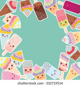 Card design for your text. round frame, cupcakes with cream, ice cream in waffle cones, ice lolly  Kawaii with pink cheeks and winking eyes, pastel colors on light blue background. Vector