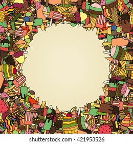 Card design for your text, round frame of big set ice cream in many varieties. Colored Background. Vector Illustration