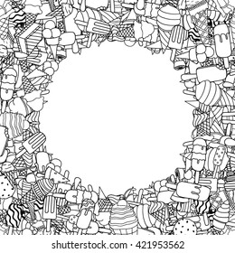 Card design for your text, round frame of big set ice cream in many varieties. Monochrome Background. Vector Illustration