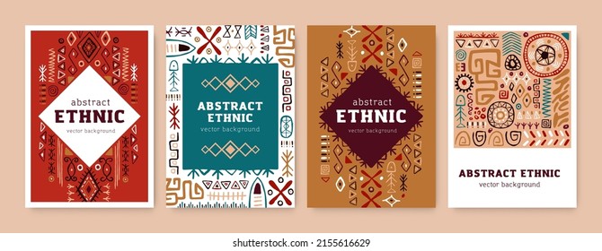 Card designs with ethnic African tribal ornaments. Abstract background design templates with ancient tribe geometric drawn elements, patterns, shapes, symbols. Isolated flat vector illustrations set svg