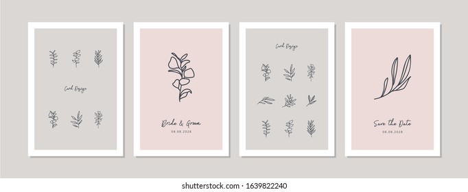 Card designs with eucalyptus and abstract leave twigs. Doodles and sketches vector illustration background, A6.