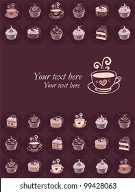 Card  with desserts, coffee and hot cacao