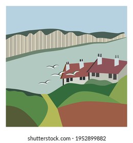 Card with Devon's landscape. England. Vector illustration. 