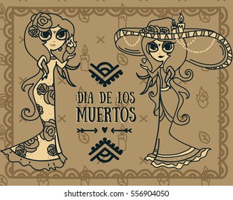 card for dia de los muertos, two doodle sugar scull girls, vector illustration