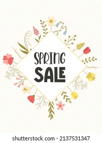 A card with a diamond-shaped frame with spring flowers, daffodils, tulips, twigs, herbs and leaves and a hand-drawn phrase - Spring sale. Color flat cartoon vector illustration on a dotted background.