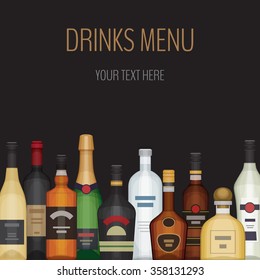 Card with different alcohol bottle. Alcohol drinks and beverages.Bar menu. Flat design style, vector illustration.