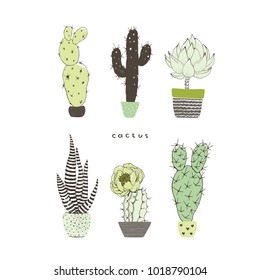 Card with different cactuses and succulents. Vector doodle collection.