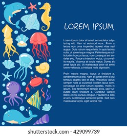 Card with different cute underwater animals in cartoon style with place for text. vector illustration