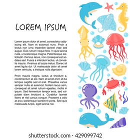 Card with different cute underwater animals in cartoon style with place for text. vector illustration