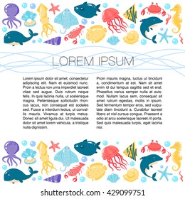 Card with different cute underwater animals in cartoon style with place for text. vector illustration