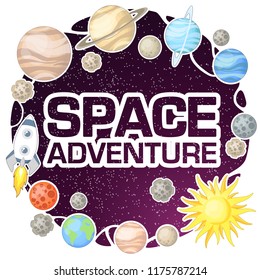 Card with different elements of space and lettering space adventure