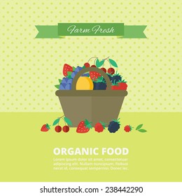 Card with different fresh berries and fruits in basket. Concept organic healthy food. Vector illustration