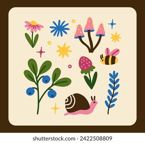 Card with different natural element. Fungi, flowers and abstract stars. Mystical and magical atmosphere. Perfect for social media posts, pins and cards. All elements are isolated.