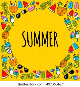 Card with different summer elements and place for text. Vector illustration