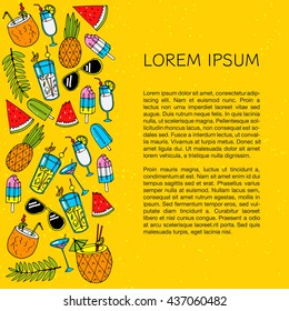 Card with different summer elements and place for text. Vector illustration