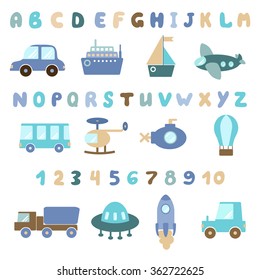 Card with different type of transport and hand drawn rounded alphabet letters and numbers. Baby boy nursery wall art prints in blue and brown colors. Vector illustration