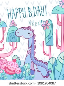 Card with dinosaur Brachiosaurus and cartoon background. Fantasy trees and plants. Template greeting card