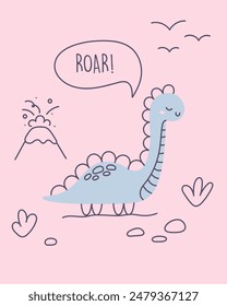 Card with dinosaur. Poster with cute dinosaur and lettering. Plants, birds and volcano. Lettering Roar. Childish design for birthday invitation, nursery wall, sticker, poster, clothing and card.