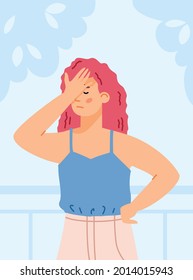 Card with disappointed confused young woman with gesture of regretting of mistake, flat vector illustration. Surprised woman suddenly feeling saddened and sorry.