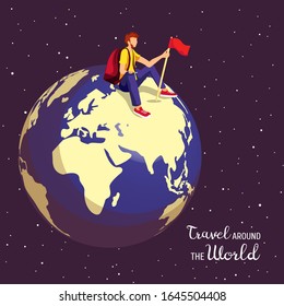 Card for discovery, World Tourism Day, traveling with inspirational quote. Young man sitting on the globe in space. Square vector illustration for banner, poster, cover, card, postcard.