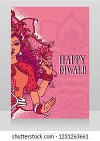 Card for diwali festival with indian goddess Lakshmi, pink and lilac colors, vector illustration