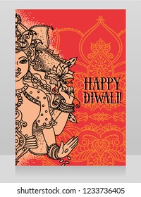 Card for diwali festival with indian goddess Lakshmi, red color, vector illustration