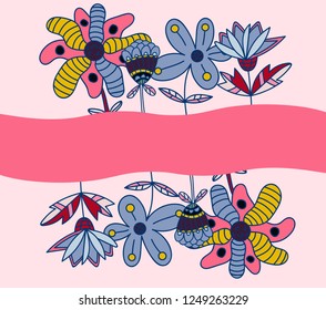 Card with doddle flowers isolated on pink background. Floral frame. Invitation. Vector illustration. 