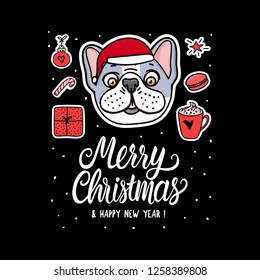 Card Dog in Christmas santa hat. Lettering inscription. Vector Illustration holiday design. French bulldog hand drawn stickers. Space dark style