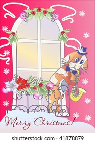 Card with Dog the Musician and Christmas Window
