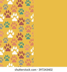 Card with dog track seamless pattern and empty space. Vector illustration.