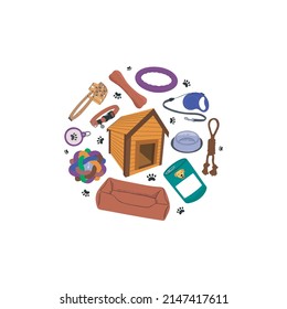 Card with dogs food, goods, houses and supplies. Pets feeding, furniture, toys. Puppies accessories, stuff. Training post. Flat vector illustration isolated on white background