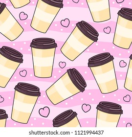 Card with donuts and coffee. Background for cafes, restaurants, coffee shops, catering. Pink and blue donuts. Texture for menu, booklet, banner, website. Vector illustration. 