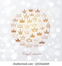 Tarjeta con coronas de doodle en círculo sobre fondo blanco brillante. Ilustración de esbozo del vector.