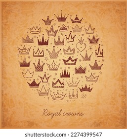 Card with doodle crowns in circle on vintage background. Vector sketch illustration.