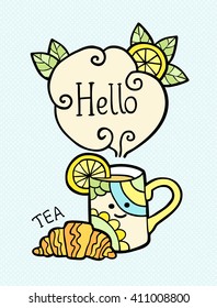 Card with doodle cup of tea and text "Hello" on blue textured background. Vector illustration.