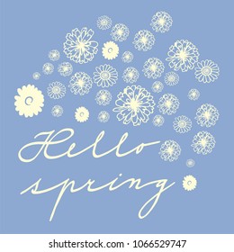Card with doodle floral pattern and Hello spring sign - vector