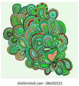 Card with doodle flowers and abstract waves. Zentagles.