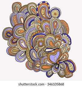 Card with doodle flowers and abstract waves. Zentagles. Vector gentle floral pattern.  Cinco de mayo