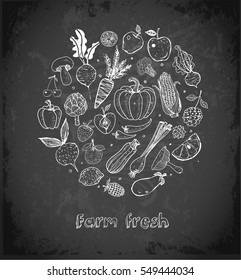Card with Doodle fruits and vegetables on blackboard background. Vector sketch illustration of healthy food.