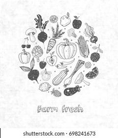 Card with Doodle fruits and vegetables on rice paper background. Vector sketch illustration of healty food.