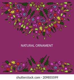 Card with doodle natural ornament on a purple background. 