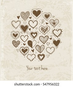 Card with doodle sketch hearts and place for your text on vintage background. Vector illustration.