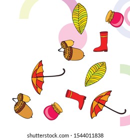 Card doodle style autumn, jam autumn leaves umbrella acorns, elements and symbols in color